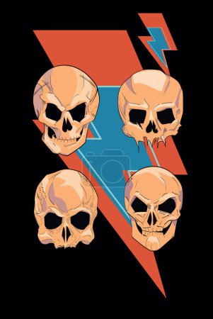 Ilustración de Camiseta de diseño del símbolo del rayo junto con cuatro cráneos aislados en negro. Cartel de roca Glam. - Imagen libre de derechos