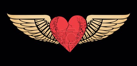 Téléchargez les illustrations : Conception vectorielle pour t-shirt d'un coeur rose avec des ailes isolées sur noir. Illustration d'un cœur brisé volant. - en licence libre de droit