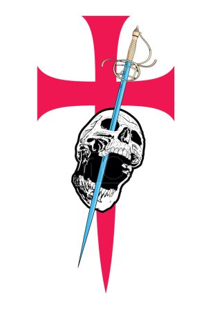 Illustration for T-shirt design with a skull crossed by a sword on a large medieval cross. - Royalty Free Image