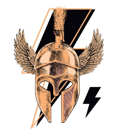 Illustration for T-shirt design of a winged Spartan helmet with the symbol of thunderbolt isolated on white. - Royalty Free Image
