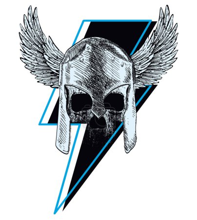 Illustration for T-shirt design of a winged greek helmet with skull and  the symbol of thunderbolt isolated on white. - Royalty Free Image