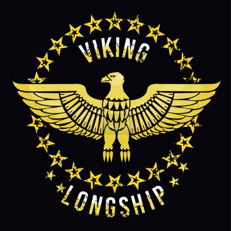 Ilustración de Longitud vikinga. Camiseta de diseño con águila dorada rodeada de estrellas. - Imagen libre de derechos