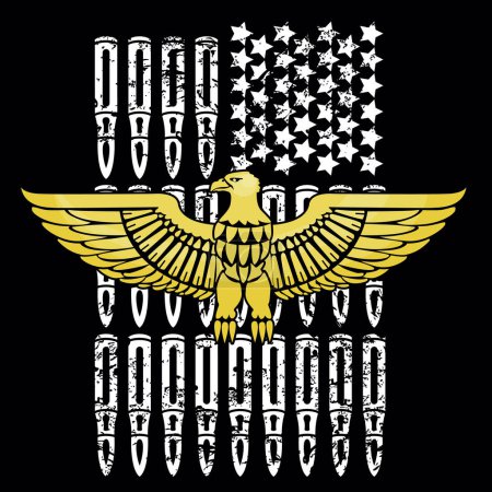 Illustration for T-shirt design of a golden eagle next to the United States flag made up of bullets and stars. North American patriotic illustration. - Royalty Free Image