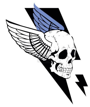 Illustration for Design for a winged skull t-shirt next to the symbol of thunder. Satanic tattoo. - Royalty Free Image