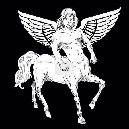 Ilustración de Diseño de la camiseta centauro alado sobre fondo negro. diseño de carácter mitológico - Imagen libre de derechos