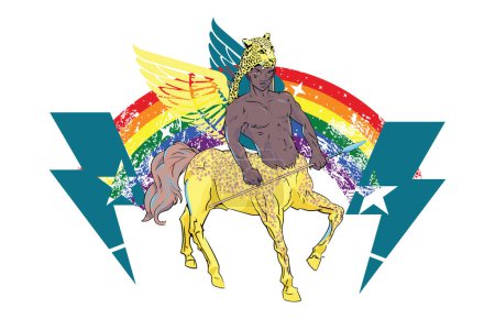 Illustration for Vector illustration of a winged black centaur with thunder and rainbow symbol. Design for t-shirts about gay pride - Royalty Free Image