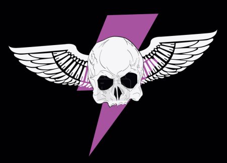 Illustration for T-shirt design of a winged skull next to the thunder symbol isolated on black. Satanic illustration. - Royalty Free Image