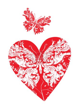 Téléchargez les illustrations : T-shirt design de deux papillons à côté d'un cœur rouge. Bonne illustration pour la Saint-Valentin - en licence libre de droit