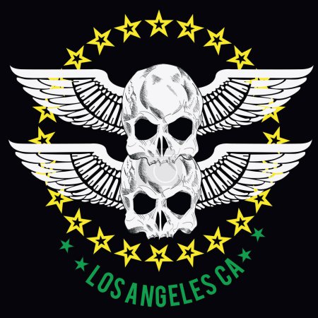 Illustration for Los Angeles. T-shirt design of two winged skulls next to a circle of stars. - Royalty Free Image