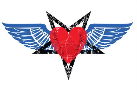 Illustration for T-shirt design of a winged heart next to a five-pointed star. Good illustration for satanic love. - Royalty Free Image