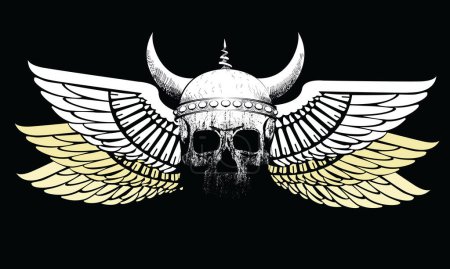 Illustration for Viking skull t-shirt design with open wings on a black background. - Royalty Free Image