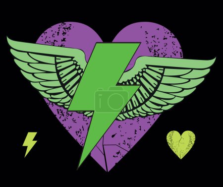 Illustration for T-shirt design of the thunderbolt symbol with wings over a violet heart. - Royalty Free Image