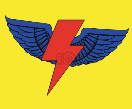 Illustration for Thunder symbol t-shirt design with wings on a yellow background. illustration in pop art style. - Royalty Free Image