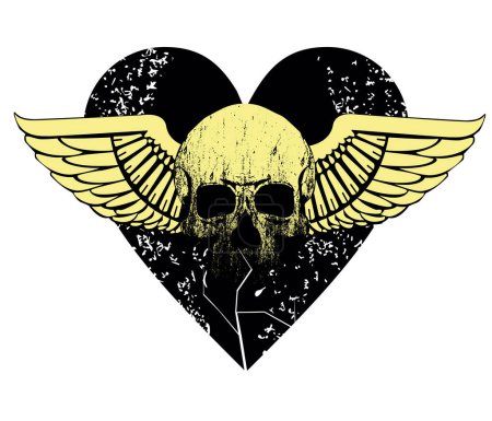 Illustration for T-shirt design of a black winged heart with a skull. vector illustration ideal for a heavy rock album cover - Royalty Free Image