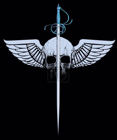 Illustration for Winged skull t-shirt design with Toledo sword. - Royalty Free Image