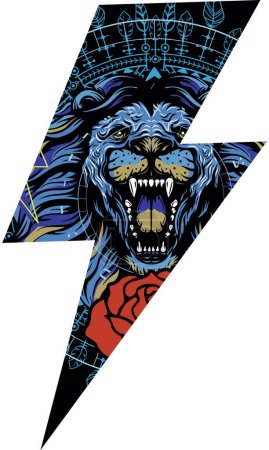 T-Shirt-Design des Blitz-Symbols zusammen mit einem Bild eines brüllenden Löwen. Vektor-Illustration gut für den Sport.