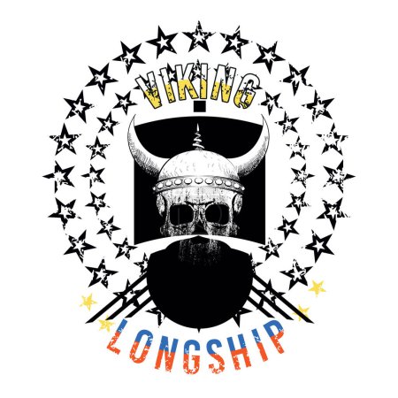 Téléchargez les illustrations : Viking Longship. T-shirt design d'un vieux navire entouré d'étoiles. - en licence libre de droit