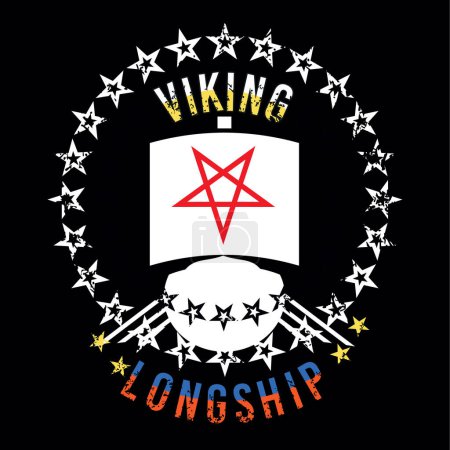 Ilustración de Longship vikingo. Camiseta de diseño de un viejo barco rodeado de estrellas. - Imagen libre de derechos