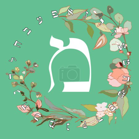 Ilustración de Ilustración vectorial del alfabeto hebreo con diseño floral. Letra hebrea llamada Mem blanco sobre fondo verde. - Imagen libre de derechos