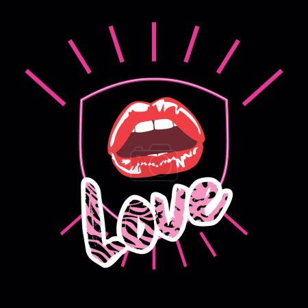 Téléchargez les illustrations : L'amour. T-shirt design avec des lèvres rouges sensuelles et un mot. Illustration dans le style pop art. - en licence libre de droit
