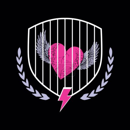 Téléchargez les illustrations : T-shirt design d'un cœur ailé enfermé dans une cage. Illustration conceptuelle. - en licence libre de droit