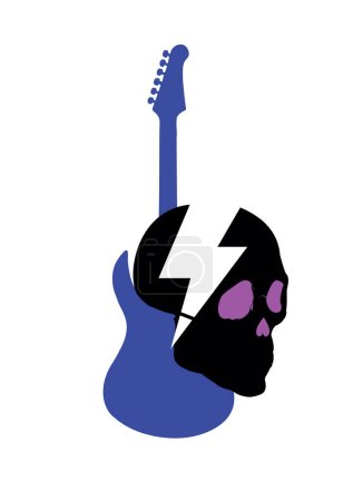 Illustration for T-shirt design of a black skull with a thunderbolt symbol and a blue electric guitar. Glam rock poster. - Royalty Free Image