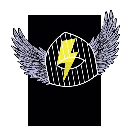 Téléchargez les illustrations : Conception pour un t-shirt cage avec des ailes et le symbole de foudre jaune. Image conceptuelle. - en licence libre de droit