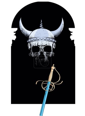 Téléchargez les illustrations : T-shirt de fenêtre antique avec crâne viking et épée Renaissance. Bonne illustration pour les thèmes héraldiques. - en licence libre de droit