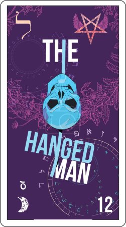 Illustration for Egyptian tarot card number twelve, called The Hanged Man. Skull combined with typographic design. - Royalty Free Image