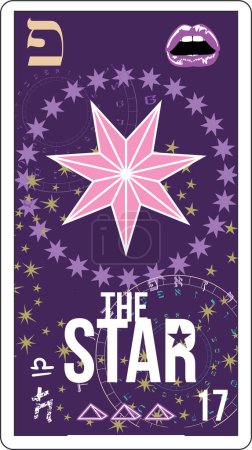 Téléchargez les illustrations : Carte de tarot égyptienne numéro dix-sept appelé The Star. Étoile rose à sept branches et lèvres. - en licence libre de droit