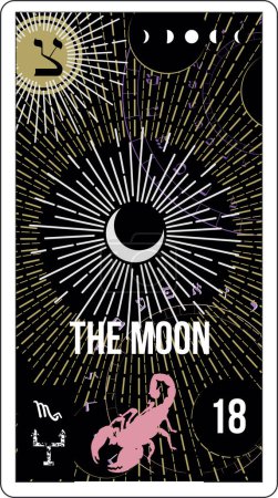 Téléchargez les illustrations : Carte de tarot égyptienne numéro dix-huit, appelée La Lune. Scorpion rose sur fond noir. - en licence libre de droit