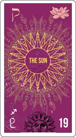 Téléchargez les illustrations : Carte de tarot égyptienne numéro dix-neuf, appelée Le Soleil. Illustration abstraite à côté d'une fleur de lotus. - en licence libre de droit