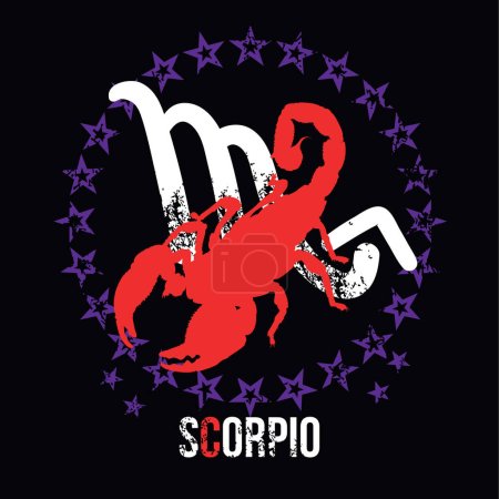 Illustration for T-shirt design of the Scorpio symbol surrounded by stars and the silhouette of a red scorpion on a black background. - Royalty Free Image