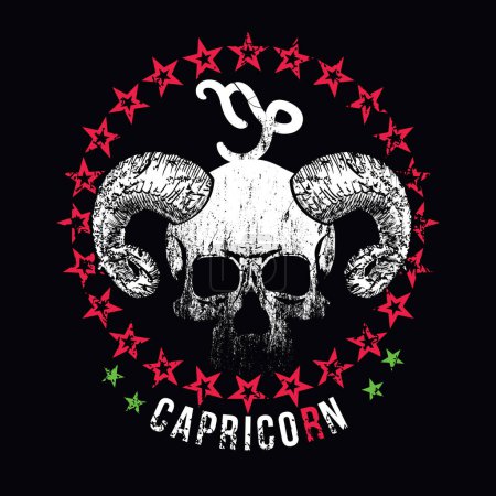 Illustration for T-shirt design of the Capricorn symbol with a horned skull surrounded by red stars on a black background. - Royalty Free Image