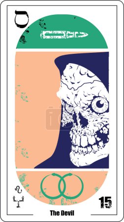 Téléchargez les illustrations : Carte de tarot égyptienne appelée Le Diable. Gros plan du crâne avec capuche bleue. - en licence libre de droit