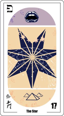 Téléchargez les illustrations : Carte de tarot égyptienne numéro dix-sept, avec une étoile à sept branches aux couleurs bleuâtre et orange. - en licence libre de droit