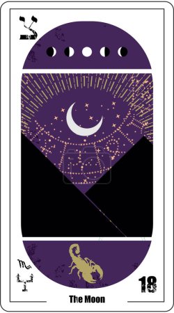 Téléchargez les illustrations : Carte de tarot égyptienne numéro dix-huit. Illustration vectorielle de la lune à côté des pyramides noires. - en licence libre de droit