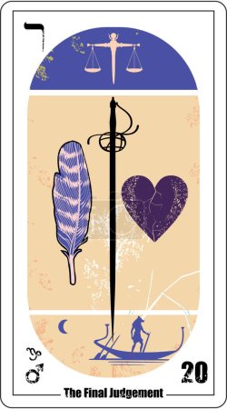 Téléchargez les illustrations : Carte de tarot égyptienne numéro vingt, appelé Le Jugement Dernier. Epée verticale, une plume et un cœur aux couleurs bleuâtre et orange. - en licence libre de droit
