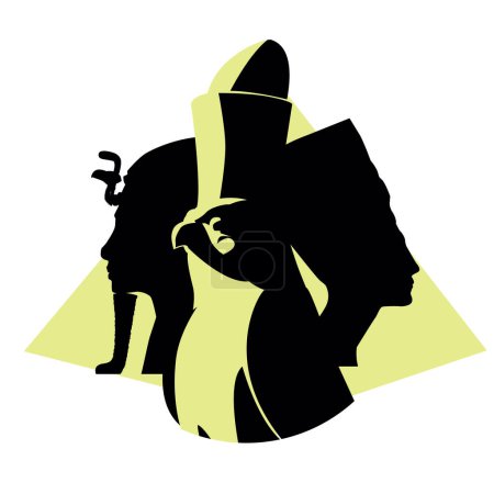 Illustration for T-shirt design with silhouettes of pharaoh and pharaoh along with a falcon and a pyramid. Profiles of Nefertiti, Tutankhamun and the Egyptian god Ra. - Royalty Free Image