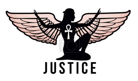 Illustration for Justice. T-shirt design of a winged Egyptian woman silhouette with outstretched arms. - Royalty Free Image