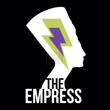 Illustration for The Empress. T-shirt design with the bust of Nefertiti next to the thunder symbol on a black background. Glamor rock poster. - Royalty Free Image