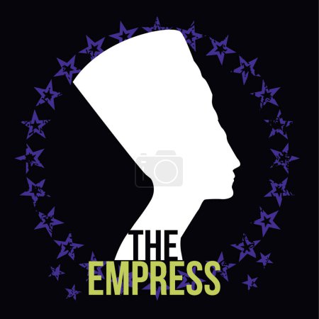 Illustration for The empress, T-shirt design of the bust of the Egyptian pharaoh called Nefertiti next to a circle of stars on a black background. - Royalty Free Image