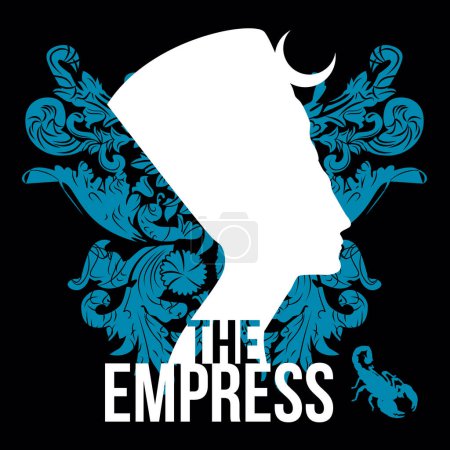 Illustration for The empress. Bust of an Egyptian pharaoh named Nefertiti with a butterfly and a light blue scorpion on a black background. - Royalty Free Image