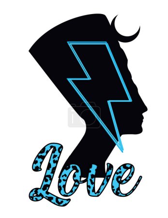 Illustration for Love. Silhouette of a bust of an Egyptian pharaoh named Nefertiti next to a light blue thunderbolt  symbol. Glam rock. - Royalty Free Image