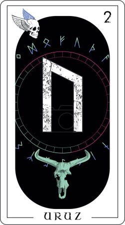Illustration for Viking tarot card with runic alphabet. Runic letter called Uruz next to the skeleton of an aurochs with horns - Royalty Free Image