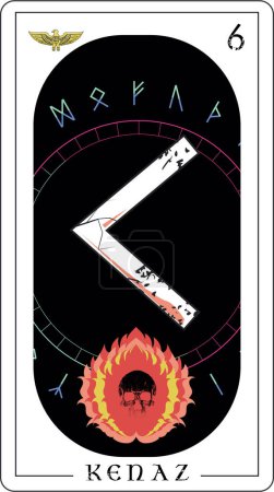 Illustration for Viking tarot card with runic alphabet.runic letter called Kenaz next to a burning skull - Royalty Free Image
