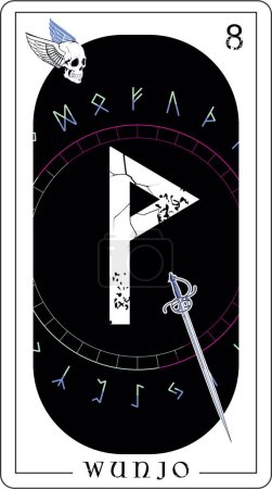 Illustration for Viking tarot card with runic alphabet. runic letter called Wunjo next to a medieval sword. - Royalty Free Image
