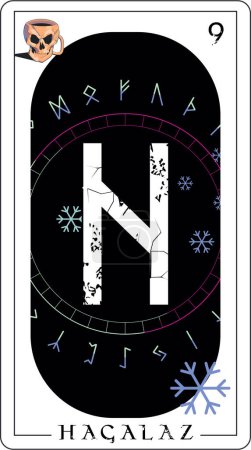 Ilustración de Carta vikinga del tarot con alfabeto rúnico. Camiseta rúnica llamada Hagalaz junto al símbolo del hielo. - Imagen libre de derechos