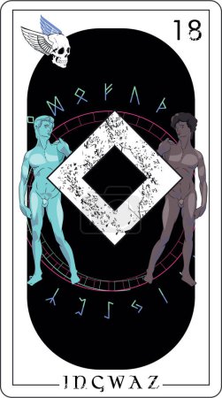 Illustration for Viking tarot card with runic alphabet. Runic letter called Ingwaz next to two young men. - Royalty Free Image