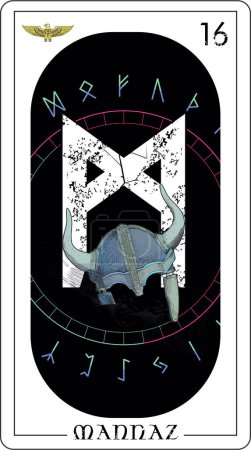 Ilustración de Carta vikinga del tarot con alfabeto rúnico. Carta rúnica llamada Mannaz con casco con cuernos. - Imagen libre de derechos